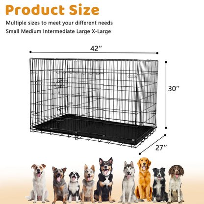 48 Inch Dog Crate, Dog Crates and Kennels for Big Dog Foldable Large Dog Crate for Large Dogs with Handle Double-Door Outdoor Metal Wire Dog Cage with Plastic Tray for Medium Dogs, Black