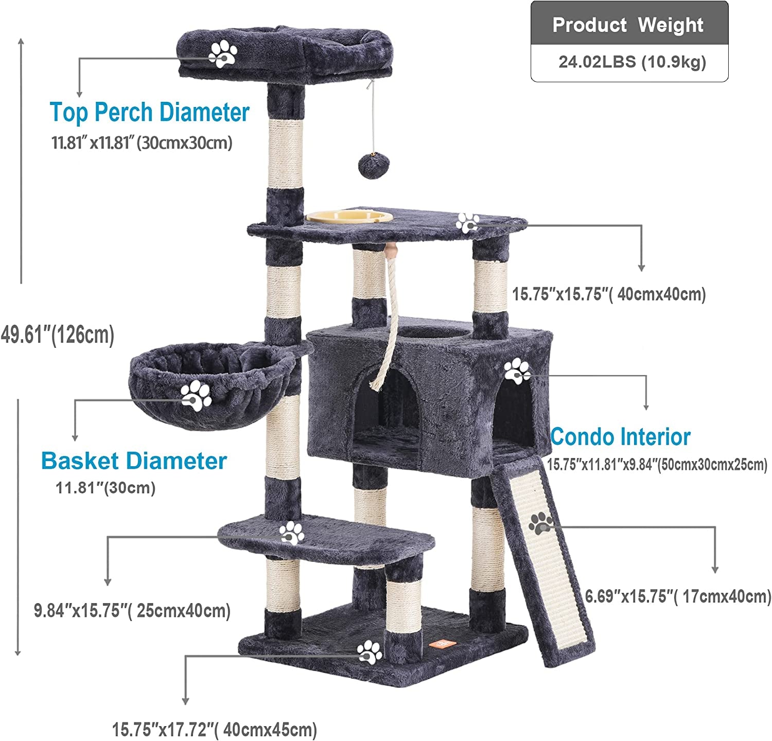 Cat Tree, Cat Tower for Indoor Cats with Scratching Board, Multi-Level Cat Furniture Condo with Feeding Bowl Smoky Gray HCT010G